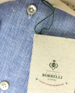 Luigi Borrelli Sport Shirt White Royal Blue Stripes 39 - 15 1/2