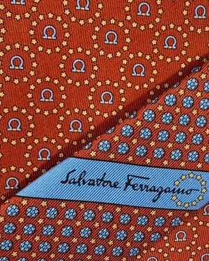Salvatore Ferragamo Tie Rust Orange Gancini & Mini Stars SALE
