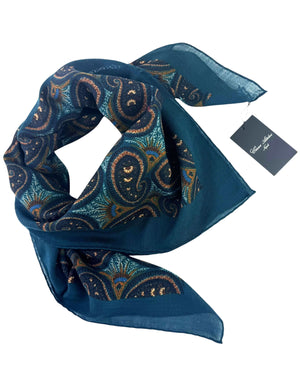 Cesare Attolini Scarf Petrol Blue Brown Paisley - Cashmere Square Shawl