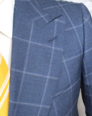 Cesare Attolini Suit Dark Blue Windowpane Double Breasted Peak Lapel EU 52/ US42