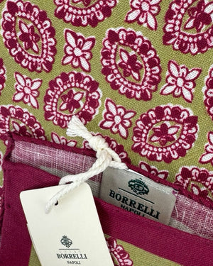 Luigi Borrelli Linen Pocket Square Cranberry Taupe Medallion