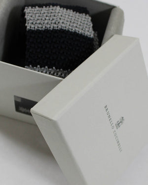 Brunello Cucinelli Square End Knitted Tie Gray Dark Blue Stripes FINAL SALE