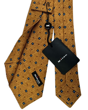 Kiton Sevenfold Tie Gold With Blue Diamond Foulard Pattern