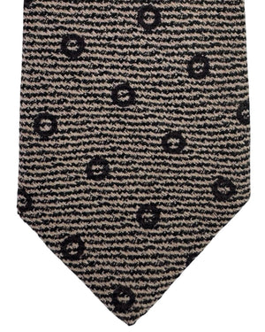 Kiton Sevenfold Tie Beige Black Circles - Wool Silk SALE