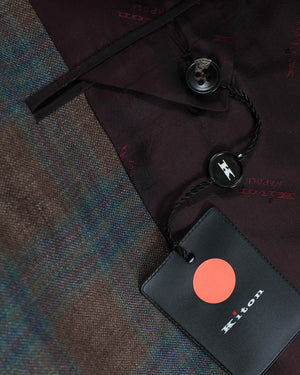 Kiton Sport Coat EU 48 - US 38 Brown Turquoise Plaid Linen Cashmere Unlined Blazer REDUCED SALE