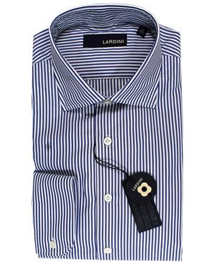 Lardini Dress Shirt White Navy Stripes French Cuffs