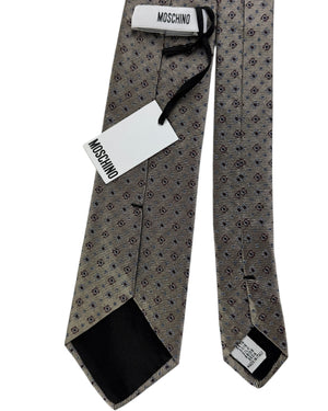Moschino Silk Tie Beige With Blue And Brown Geometric Foulard Pattern