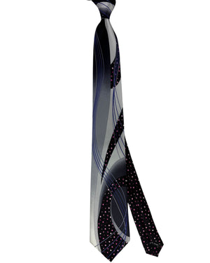 Vitaliano Pancaldi Silk Tie Silver Abstract Waves with Pink Accents