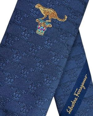 Salvatore Ferragamo Royal Blue Jaguar Design - Narrow Jacquard Silk Necktie SALE