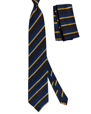 Zilli Silk Tie & Matching Pocket Square Set Midnight Blue Mustard- Gold Stripes FINAL SALE