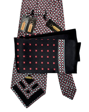 Zilli Silk Tie & Matching Pocket Square Set Black Red Design FINAL SALE