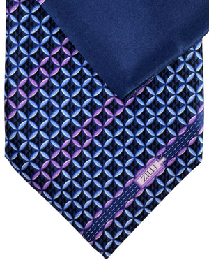 Zilli Tie & Matching Pocket Square Set Midnight Blue Lila Geometric