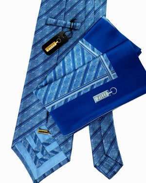 Zilli Tie & Matching Pocket Square Set Blue Green Royal Blue Patterned Stripes