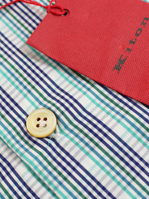 Kiton LONG SLEEVE Shirt White Turquoise Green Navy Check