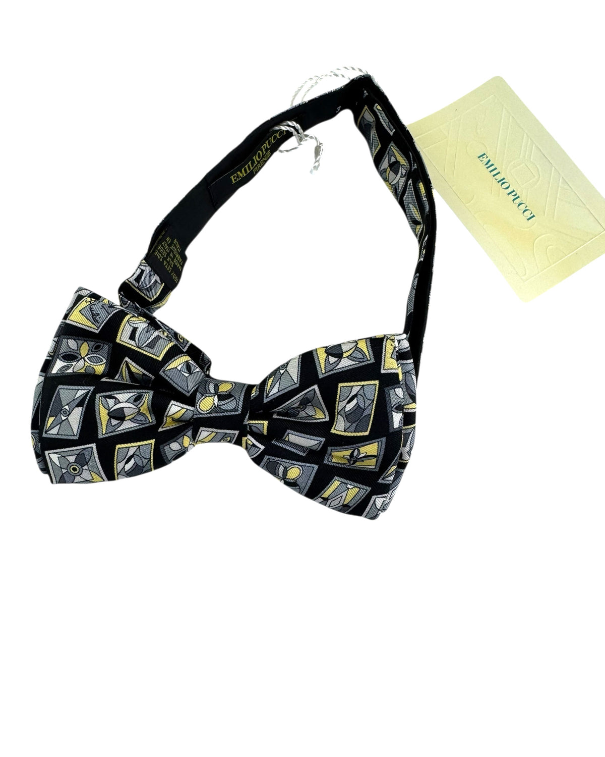 Emilio Pucci Silk Bow Tie Gray Black Yellow Geometric Flowers - Pre-Tied Bowtie SALE