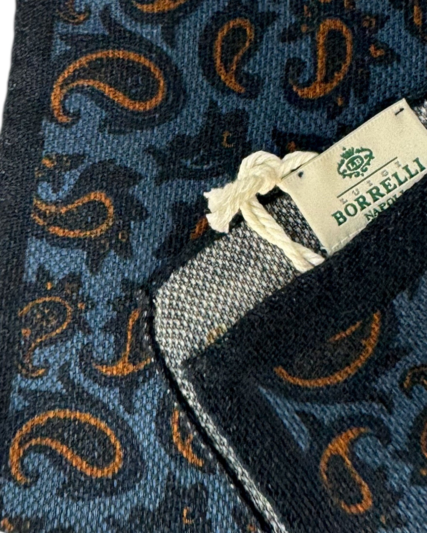 Luigi Borrelli Wool Pocket Square Midnight Blue Brown Paisley