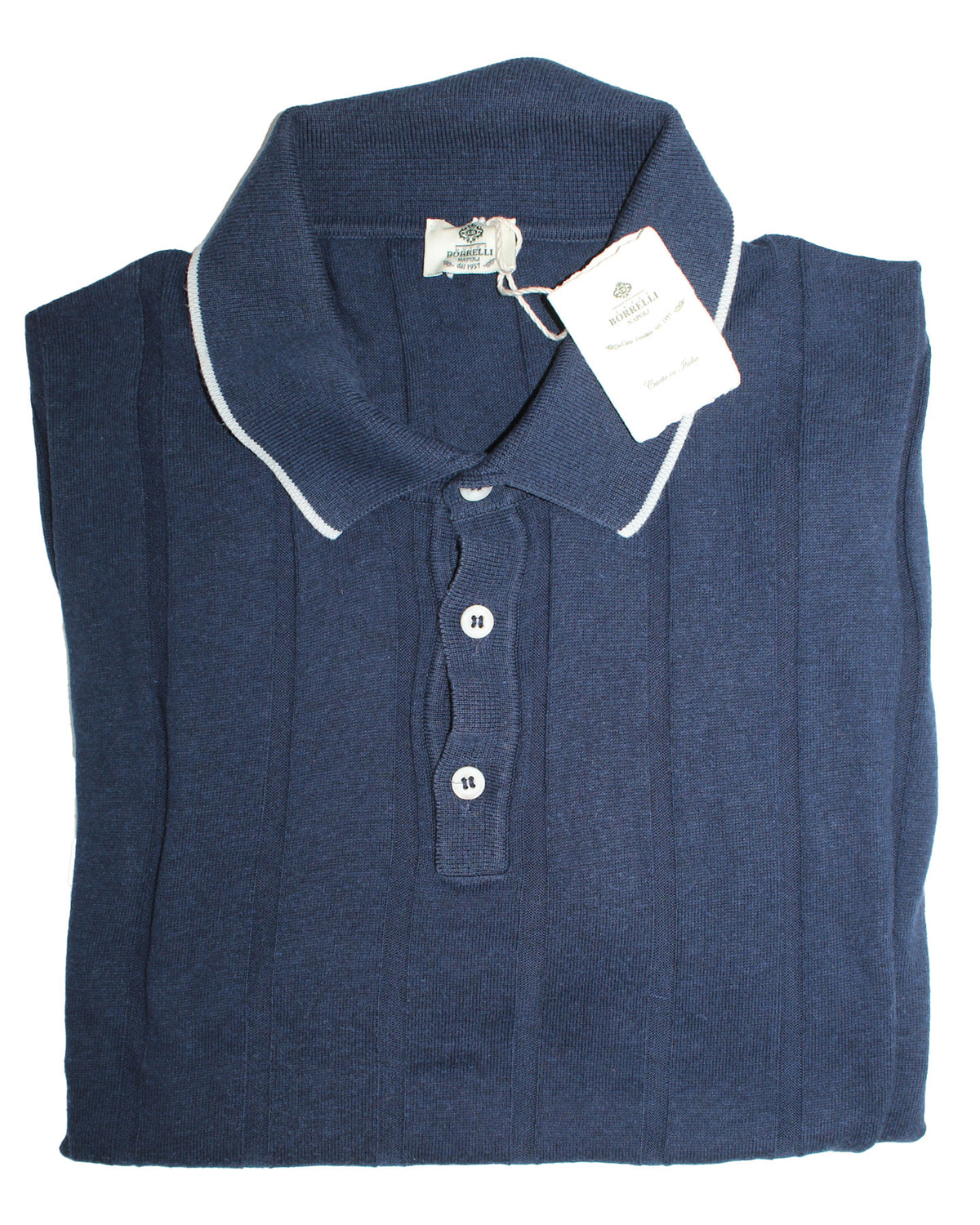 Luigi Borrelli Polo Shirt Navy Pleated Wool EU 48 / US 38