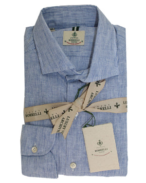 Luigi Borrelli Sport Shirt White Royal Blue Stripes 39 - 15 1/2