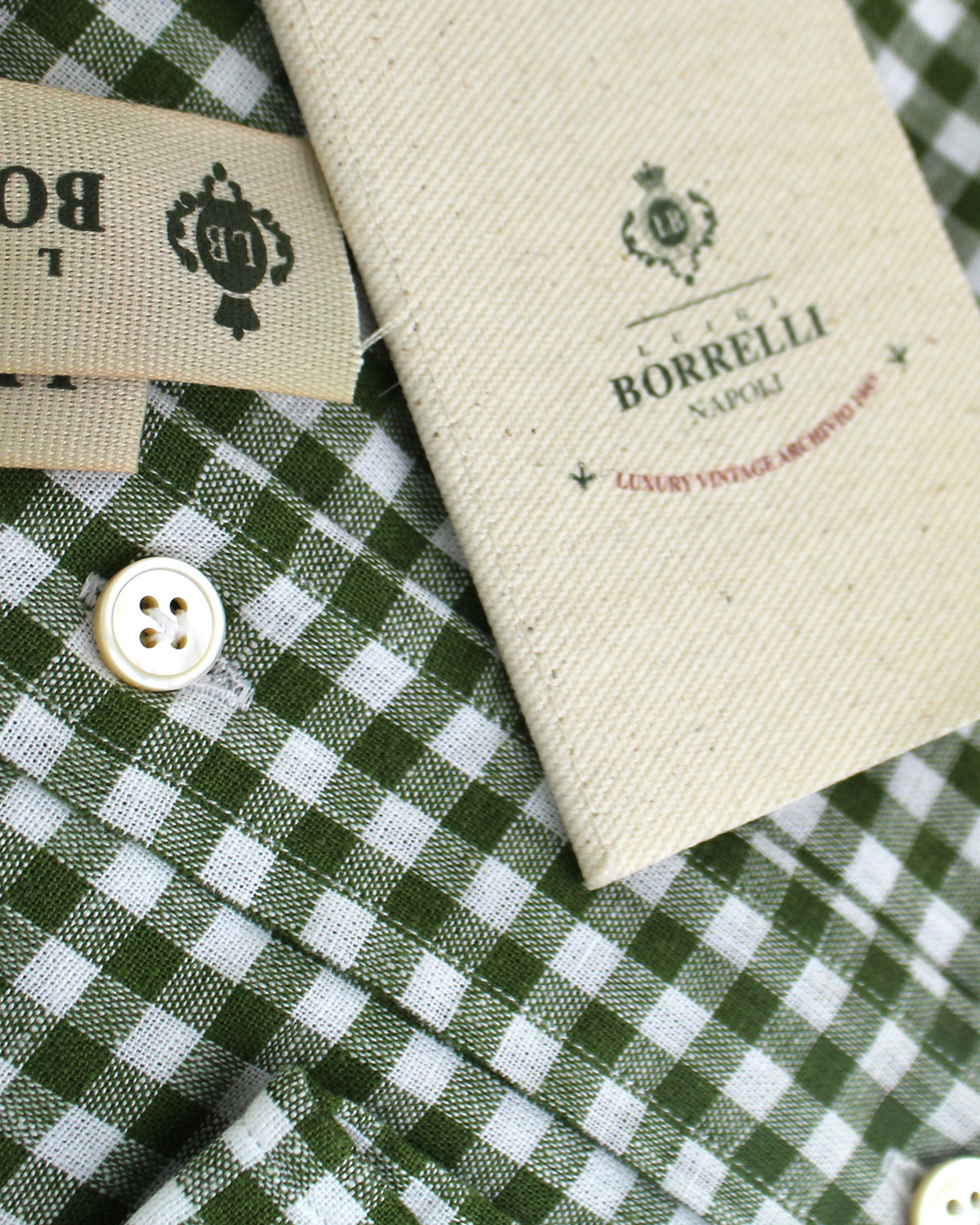 New Borrelli Sport Shirt White Green Check 