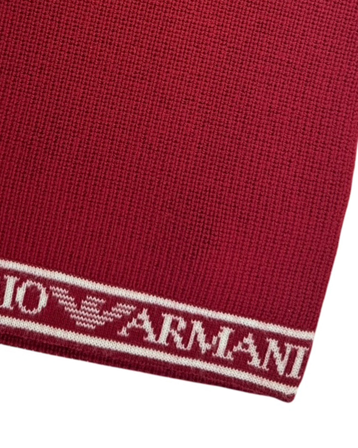 Dark red scarf with 'Armani' logo border on a white background