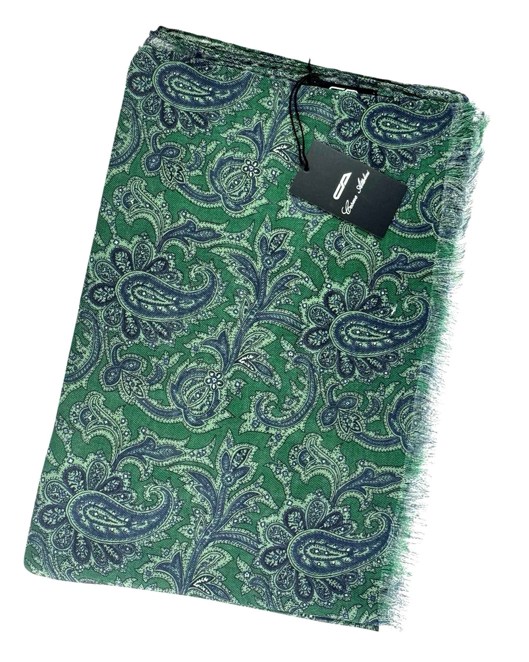 Cesare Attolini Scarf Green Navy Paisley - Luxury Cashmere Cotton Shawl