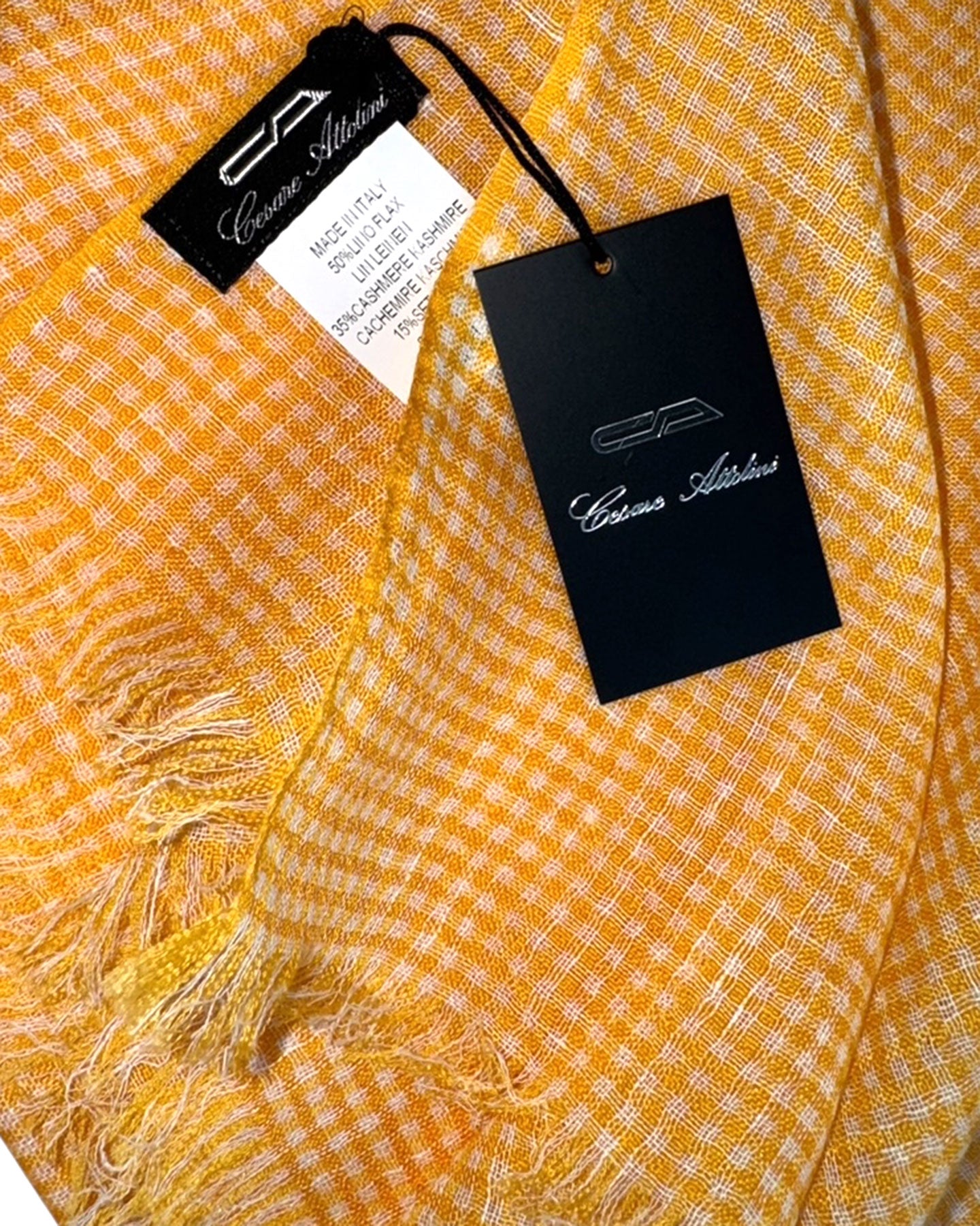 Cesare Attolini Scarf Orange White Mini Check - Linen Cashmere Silk FINAL SALE