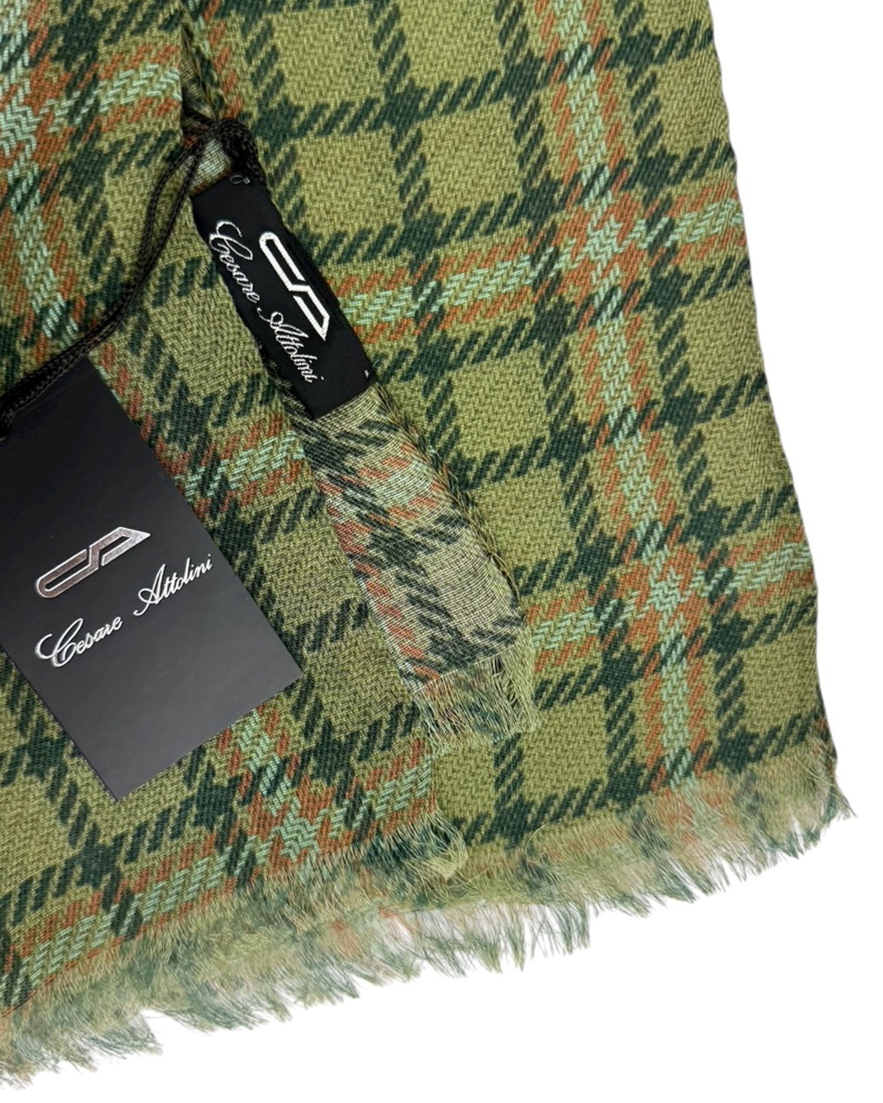 Cesare Attolini Scarf Forest Green Plaid Check - Luxury Cashmere Cotton Shawl