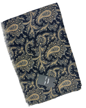 Attolini Scarf Midnight Blue Taupe Paisley - Cashmere Cotton