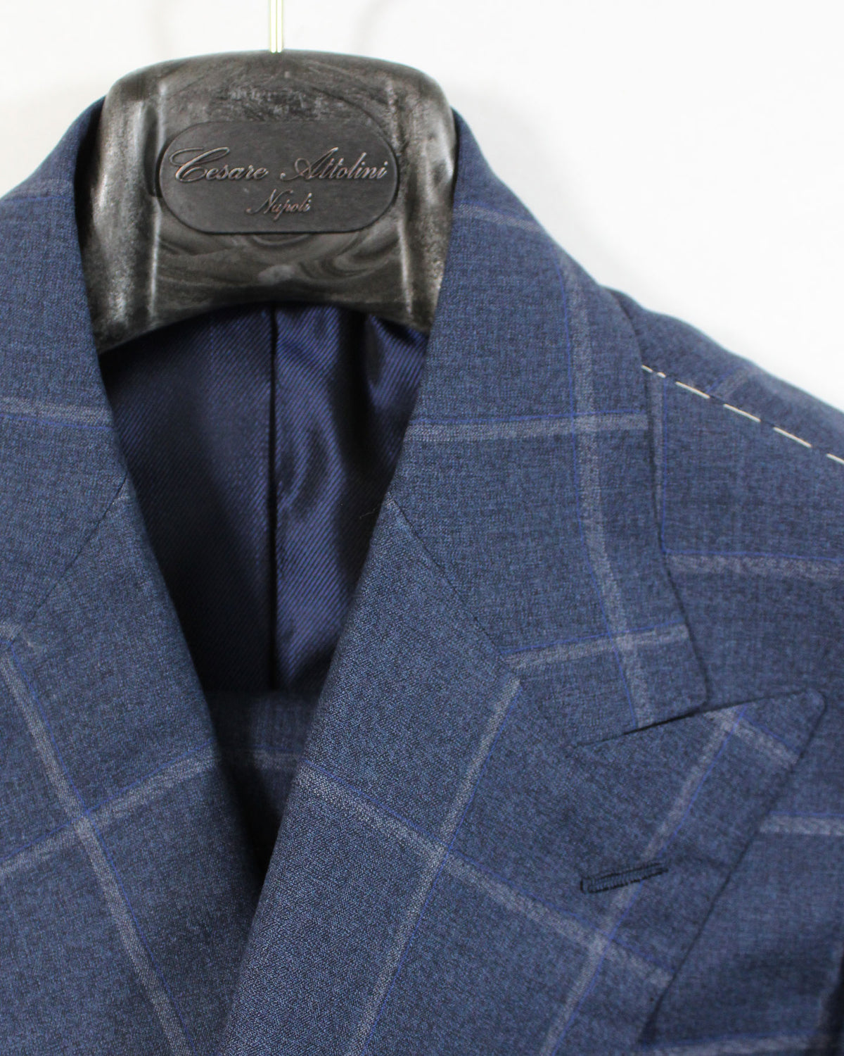 Cesare Attolini Suit Dark Blue Windowpane Double Breasted Peak Lapel EU 52/ US42