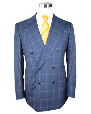Cesare Attolini Suit Dark Blue Windowpane Double Breasted 