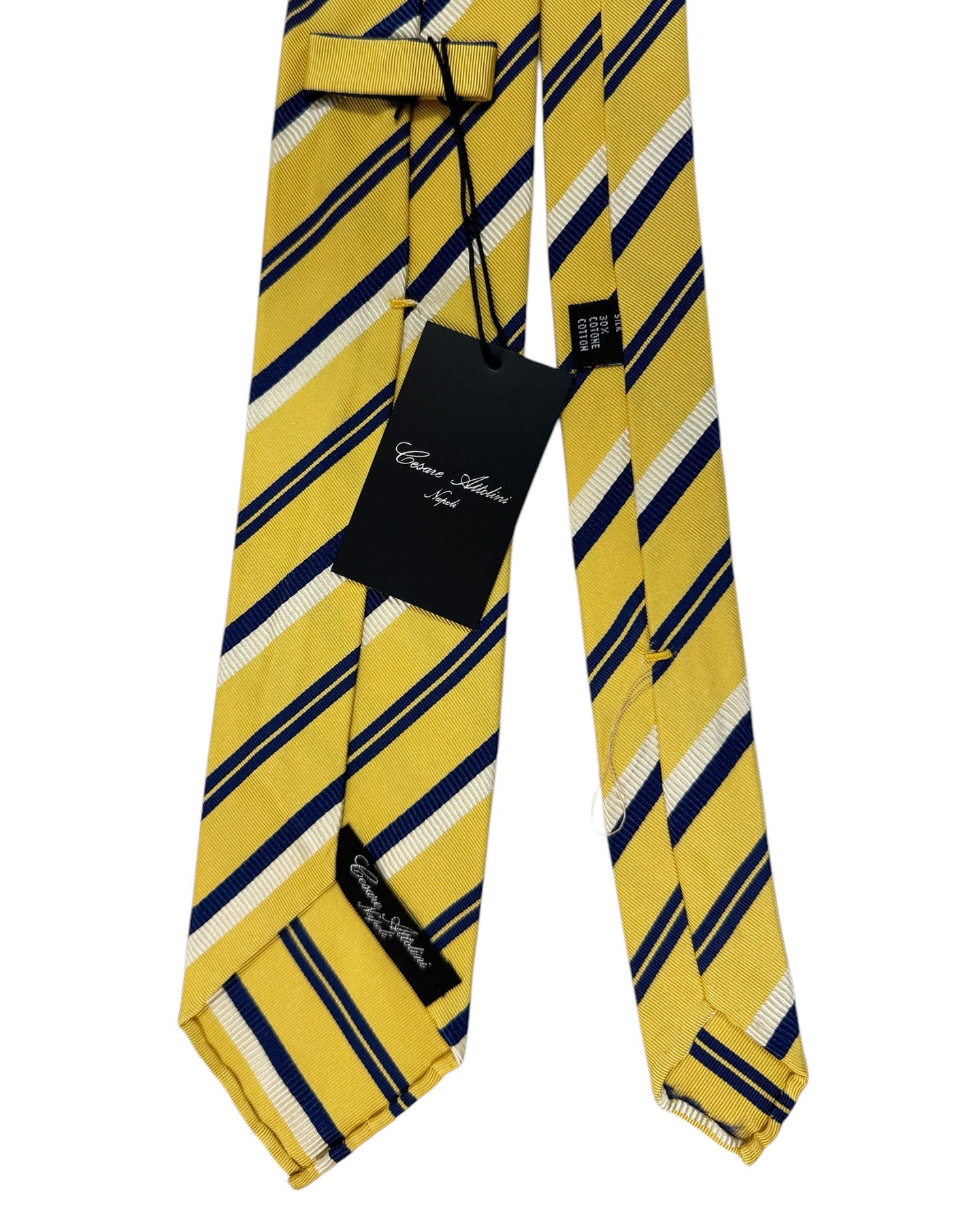 Cesare Attolini Unlined Silk Tie Olive Navy Stripes SALE