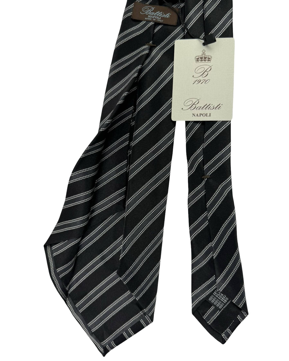 Battisti Sevenfold Tie Black Grey Stripes - Hand Made In Italy