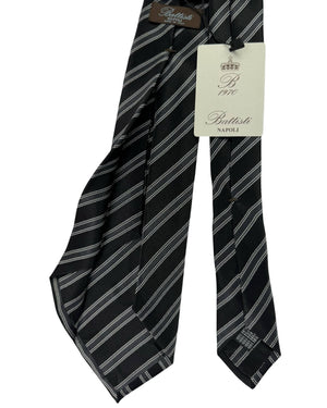 Battisti Sevenfold Tie Black Grey Stripes - Hand Made In Italy