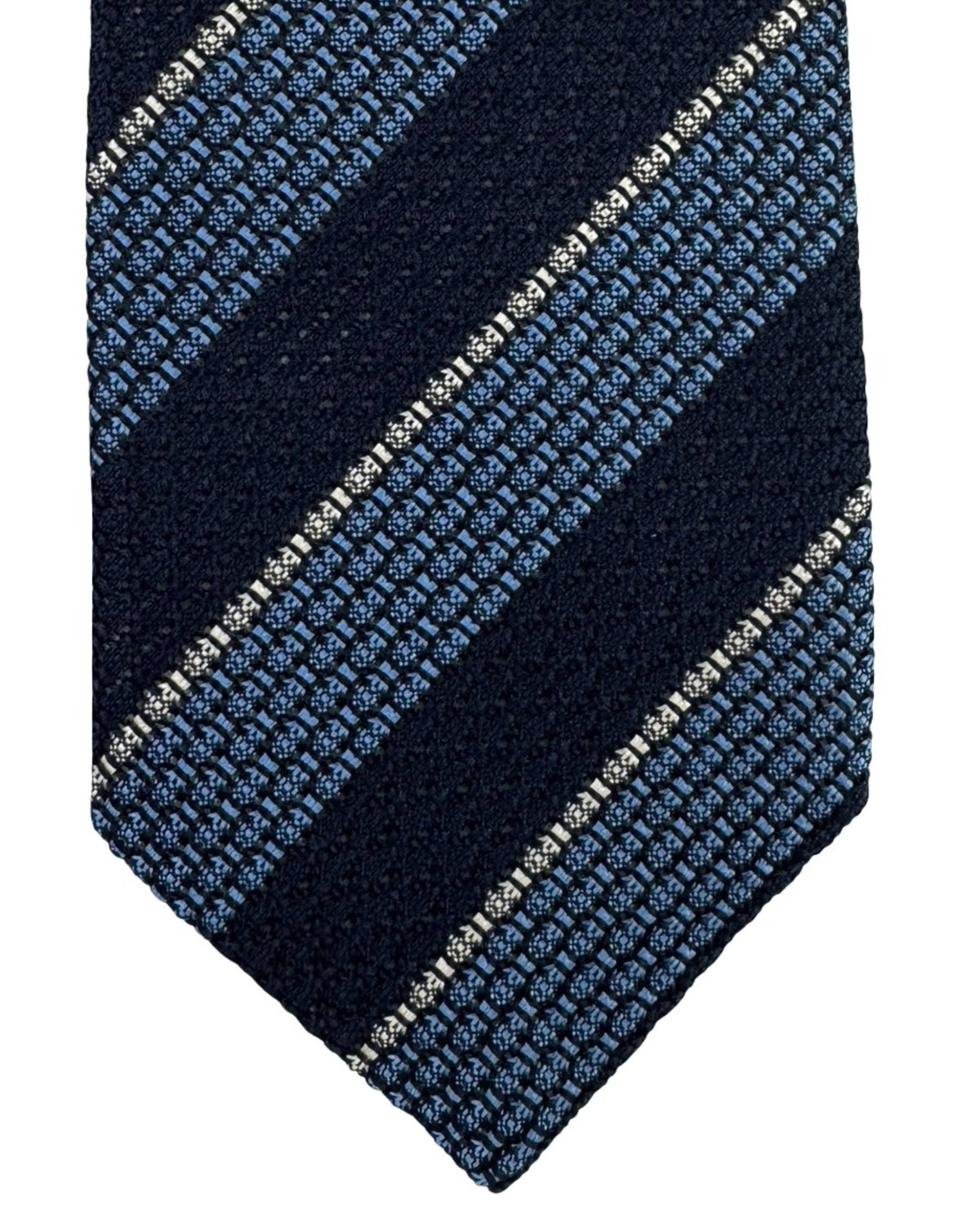 Battisti Sevenfold Tie Navy Blue Silver Textured Stripes