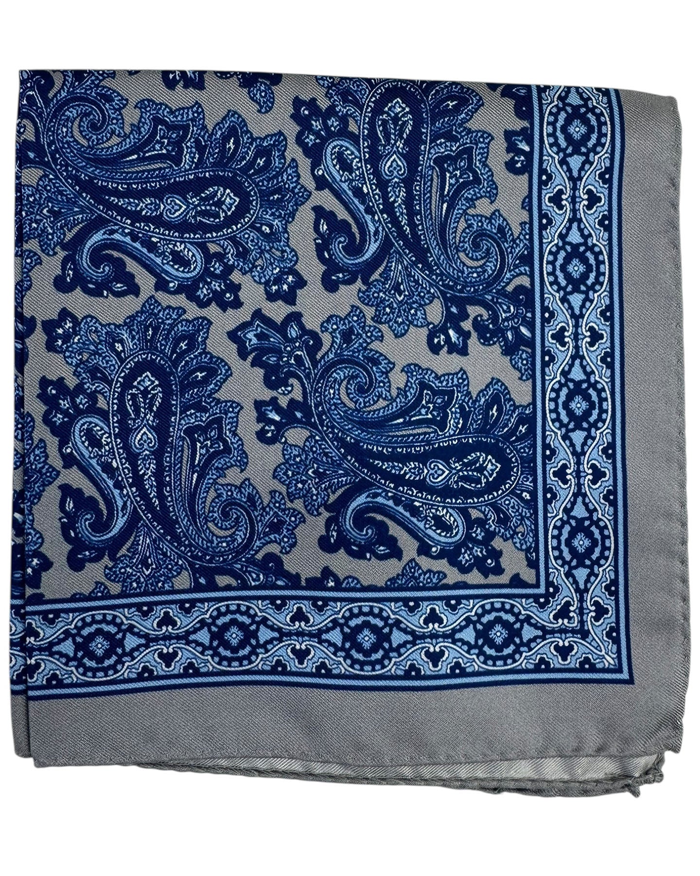 Luigi Borrelli Pocket Square Navy Blue Paisley with Gray Border
