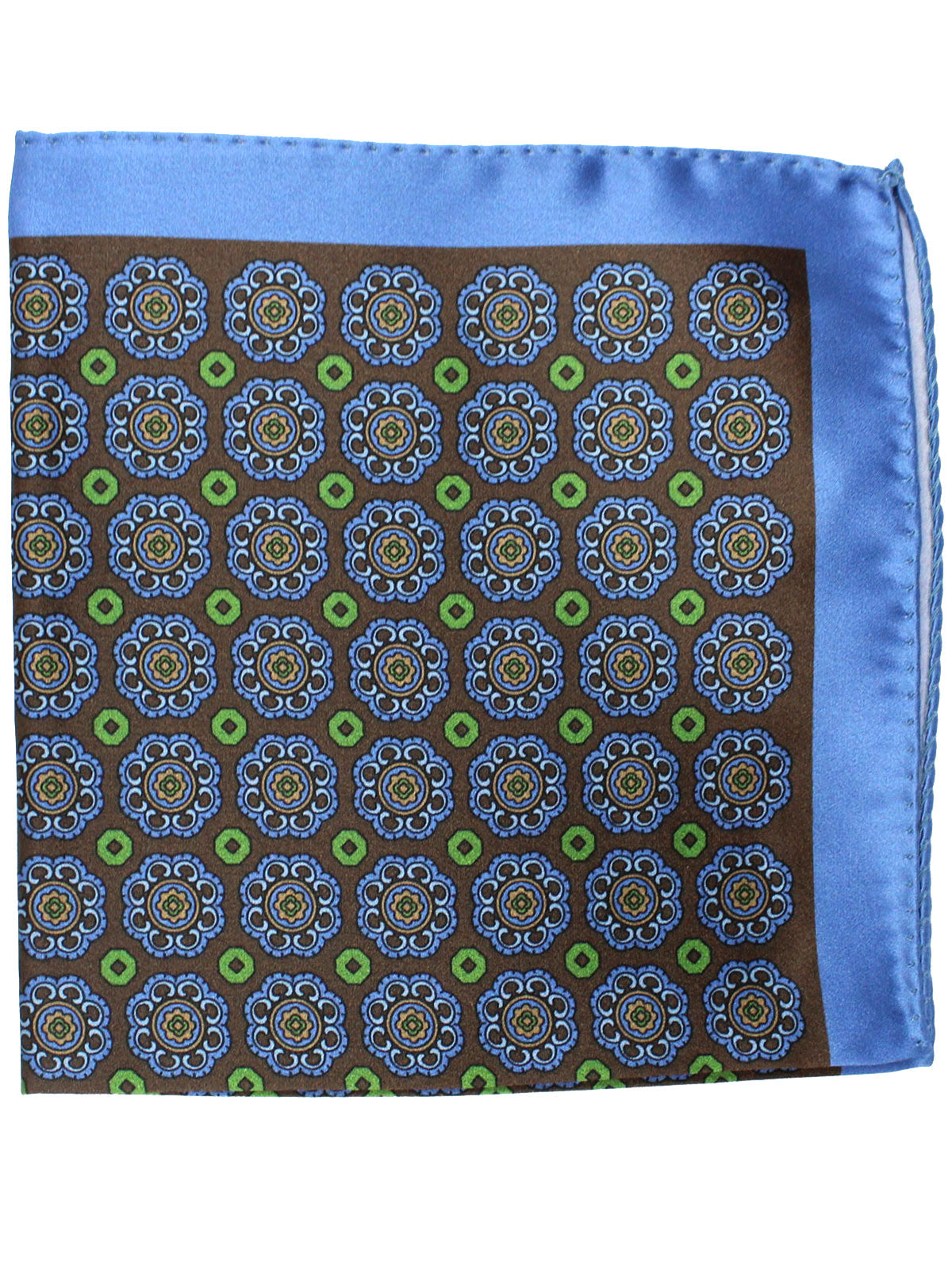 Luigi Borrelli Silk Pocket Square Blue Brown Green Medallions