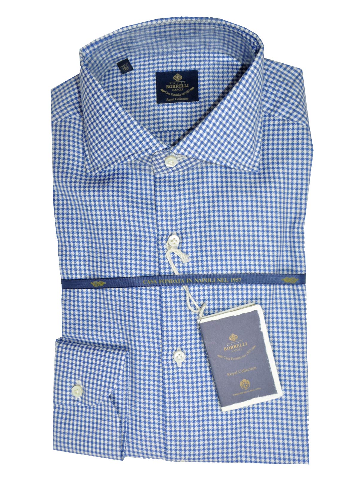 Luigi Borrelli Dress Shirt ROYAL COLLECTION White Royal Blue Houndstooth 