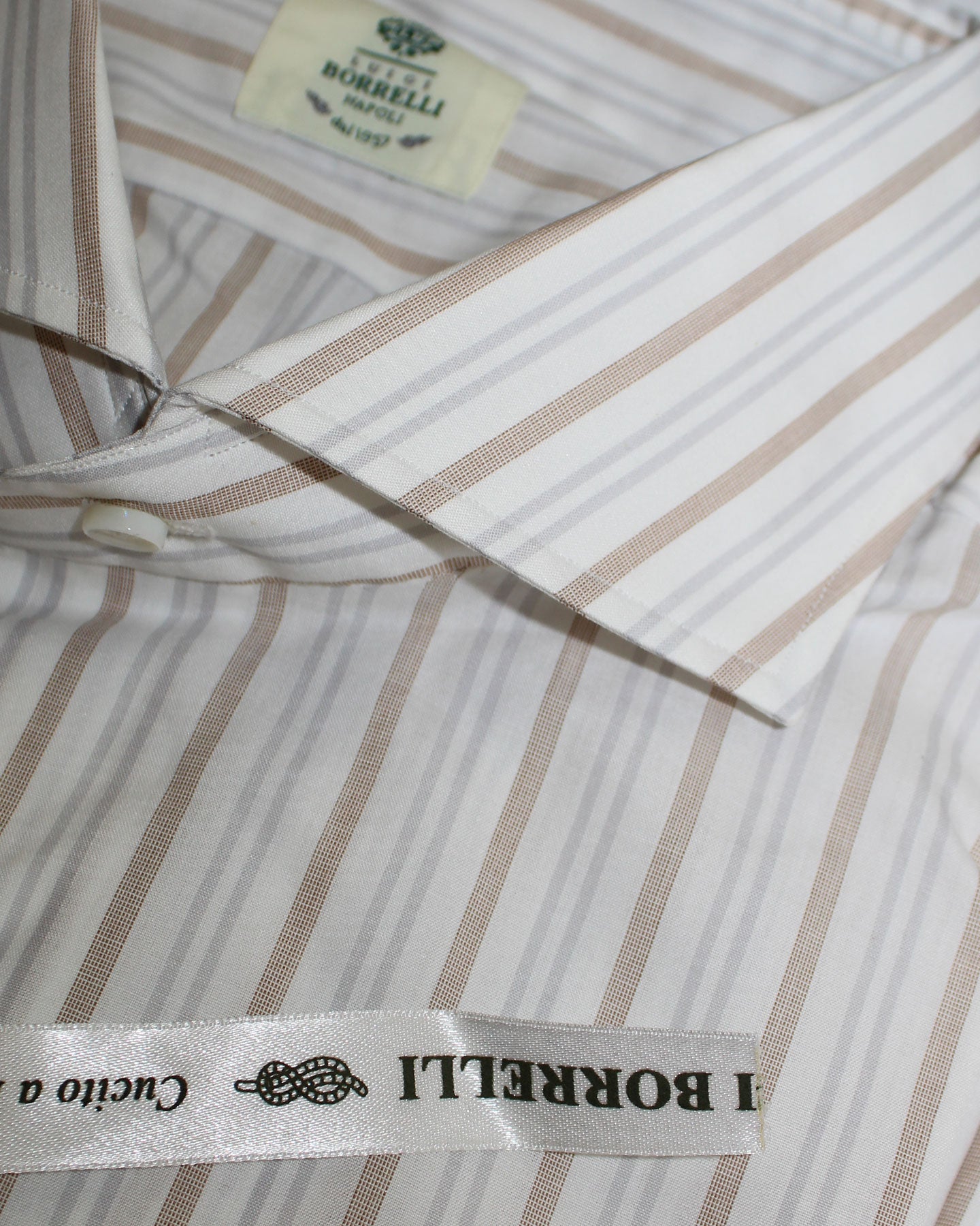 Luigi Borrelli Dress Shirt White Taupe Gray Stripes 