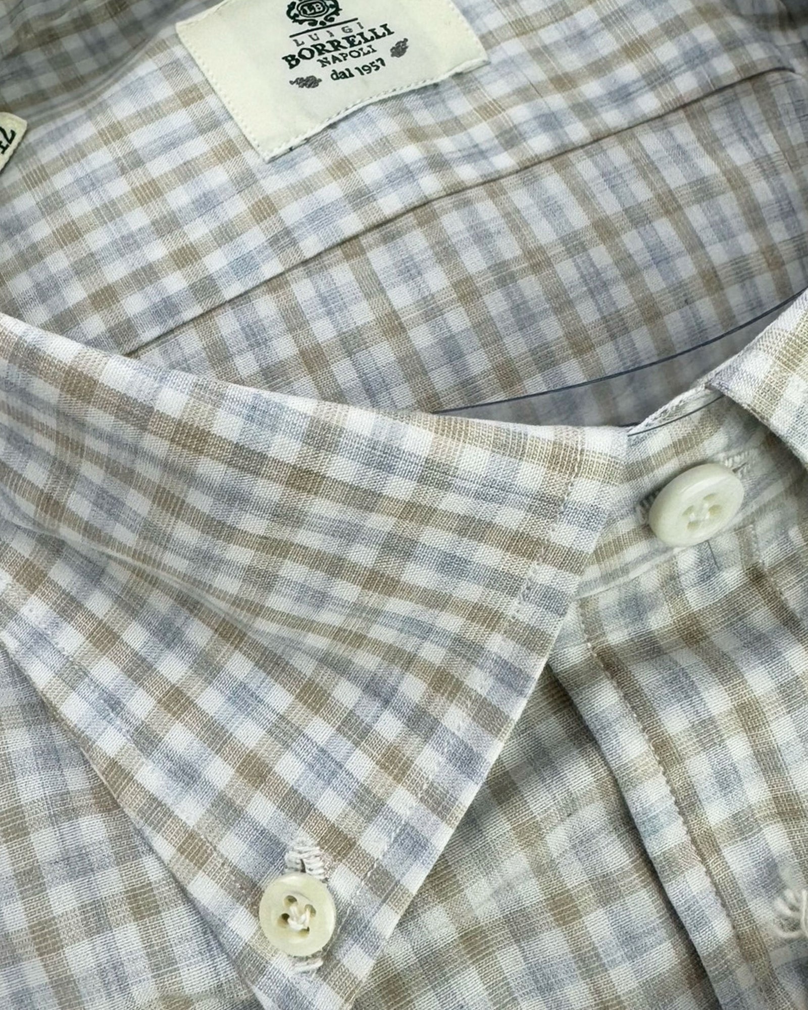 Luigi Borrelli Dress Shirt Button-Down  White Brown Gray Check