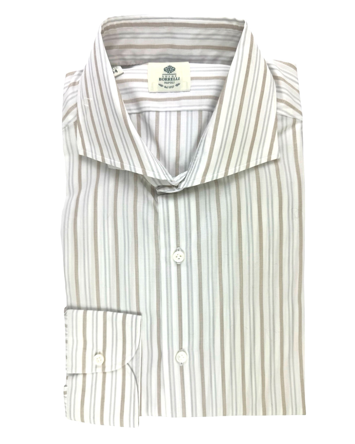 Luigi Borrelli Dress Shirt White Taupe Gray Stripes 39 -15 1/2 Cutaway Collar SALE