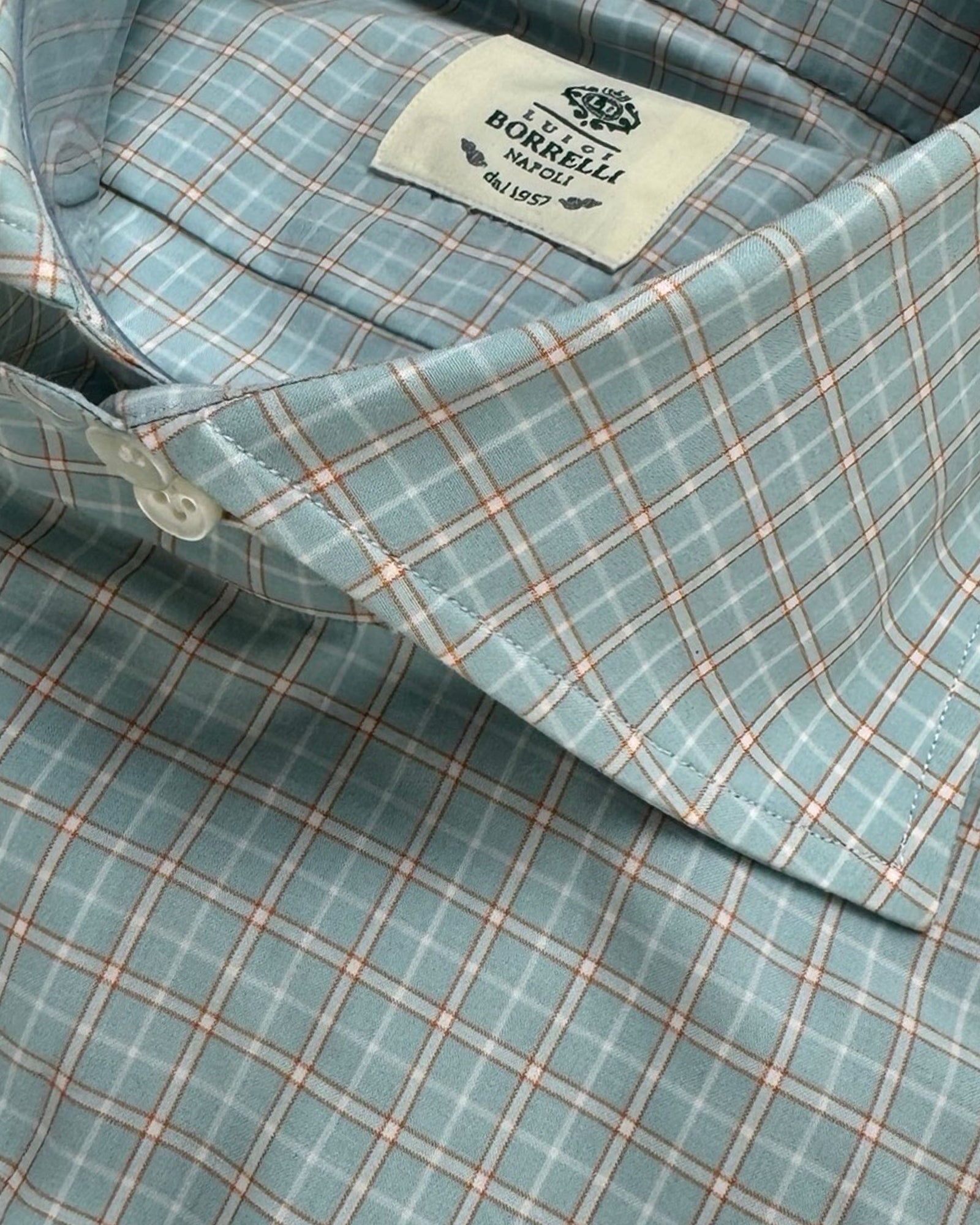Luigi Borrelli Sport Shirt Seafoam Brown Check 39 - 15 1/2