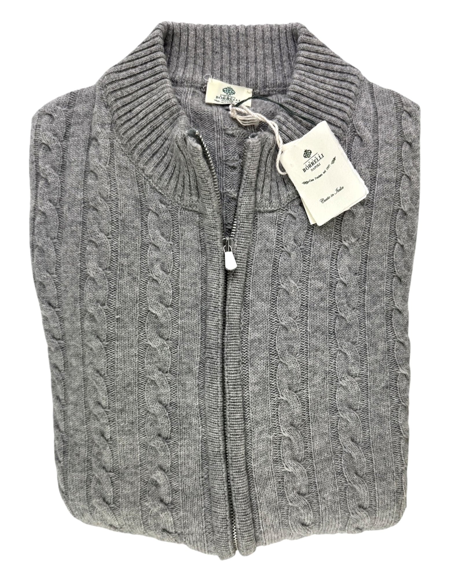Luigi Borrelli Cardigan Gray Cashmere Silk Zip Sweater EU 52 / US 42