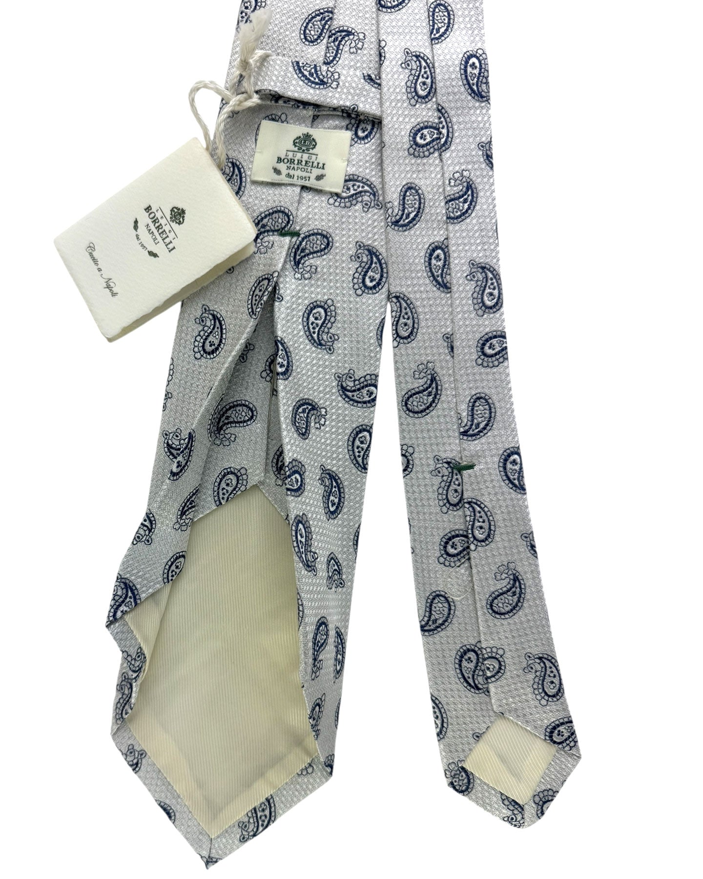 Luigi Borrelli Sevenfold Tie Gray-Silver Navy Paisley Motif