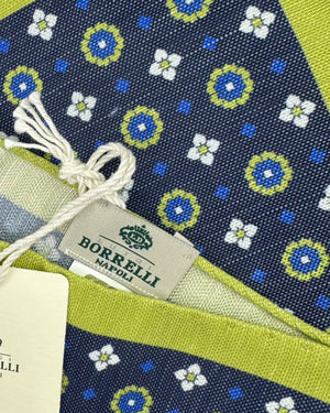 Luigi Borrelli Pocket Square Navy Olive Medallion - Linen Silk