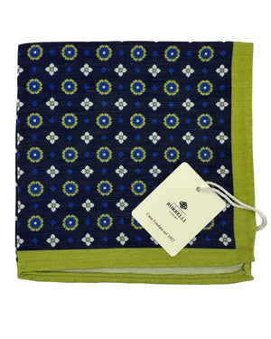 Luigi Borrelli Pocket Square Navy Olive Medallion - Linen Silk