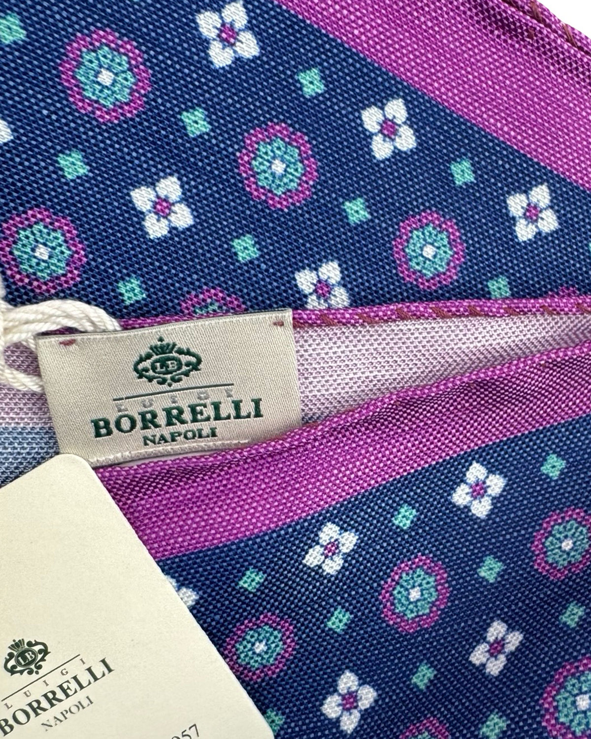 Luigi Borrelli Pocket Square Navy Cranberry Medallion - Linen Silk