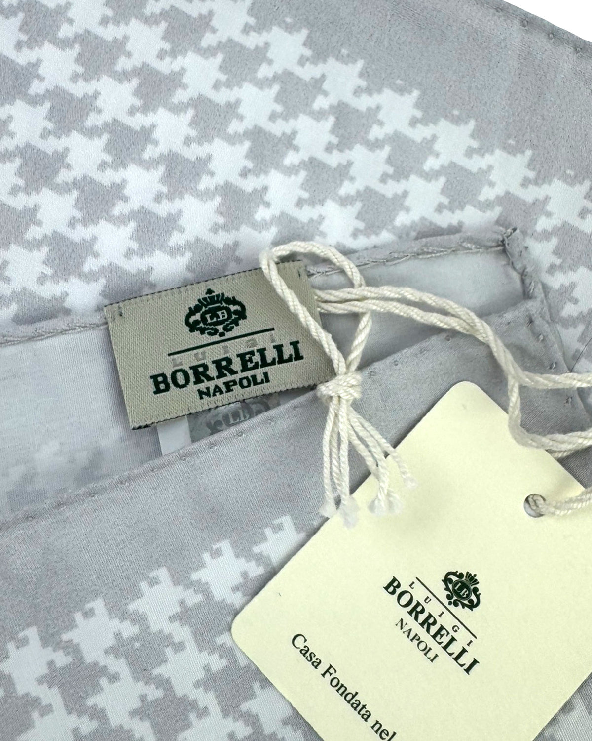Luigi Borrelli Cotton Pocket Square White Gray Houndstooth