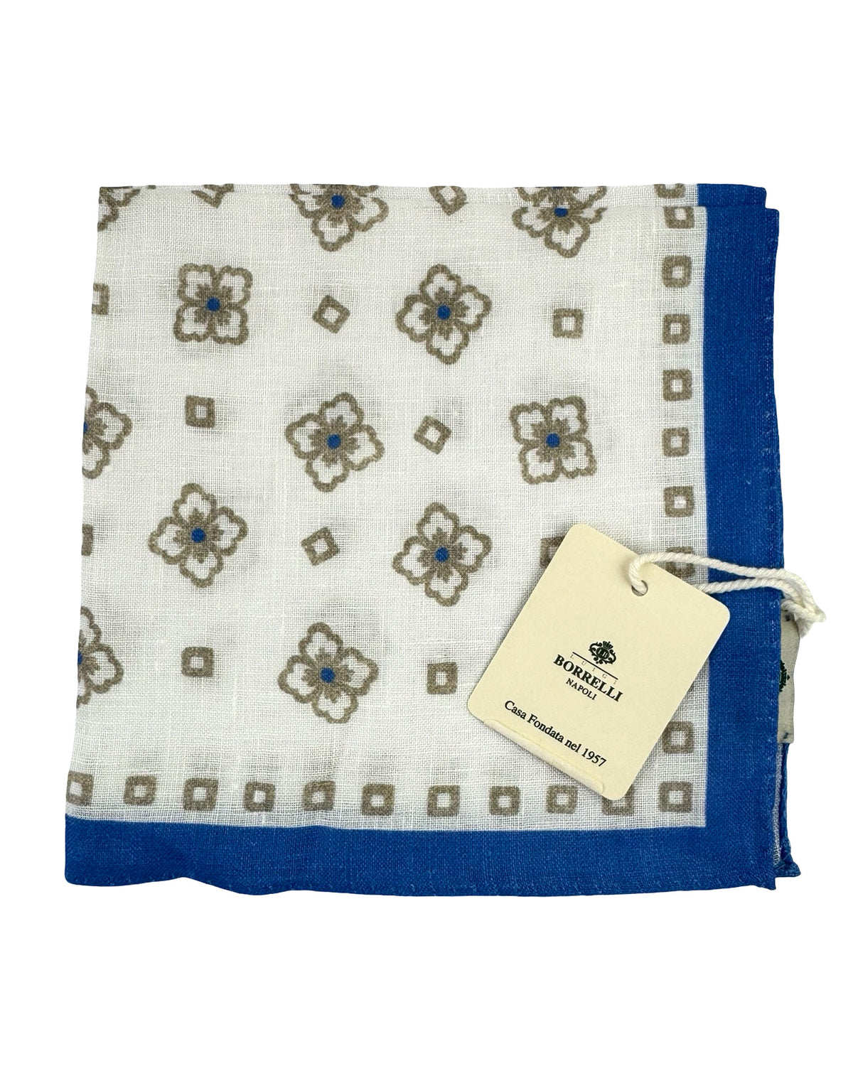 Luigi Borrelli Linen Pocket Square White Taupe Blue