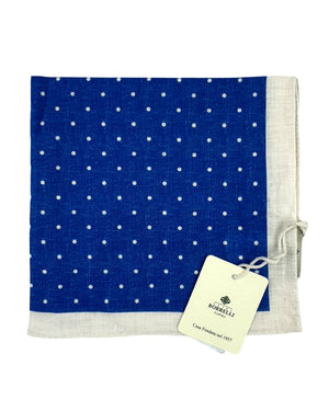 Luigi Borrelli Linen Pocket Square White Royal Blue Dots