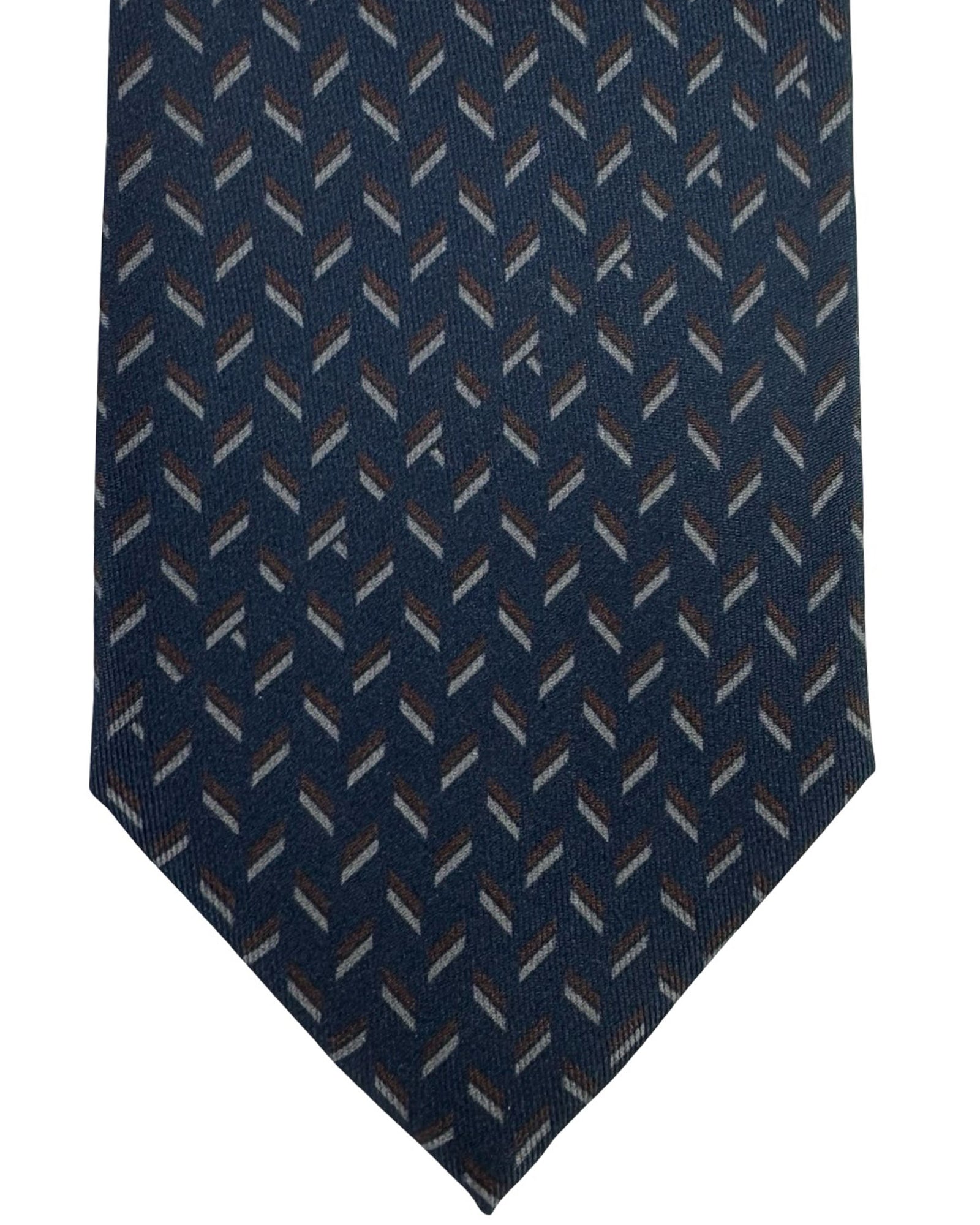 Brioni Silk Tie Midnight Blue Brown Gray Geometric